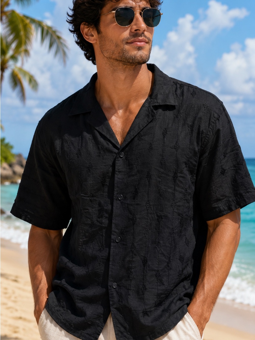 Forever 21 Men's Black Short-Sleeve Button-Front Camp Shirt